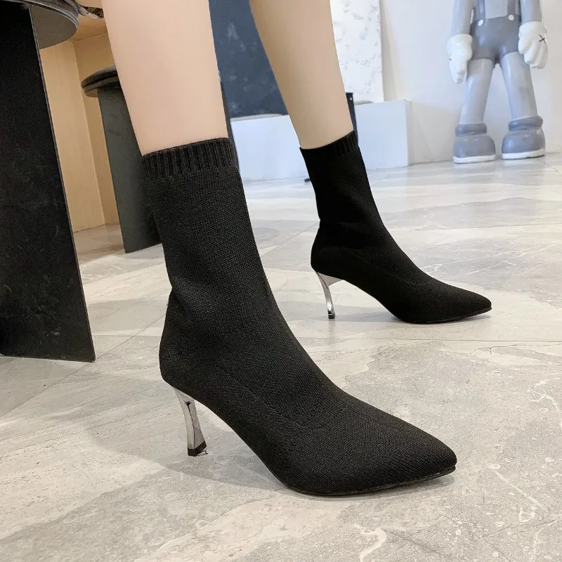 Spring/Autumn/Winter 2024 Elastic Boots Knitted Short Socks and Boots Electroplated Thin Heel Mid Sleeve Fashion Women's Shoes