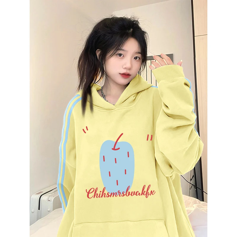 مقنعين Thiened طويل Sve Fce المرأة تي شيرت فضفاض INS اللون بلو تي شيرت شريط Ele العصرية ملابس خارجية البلوز #3