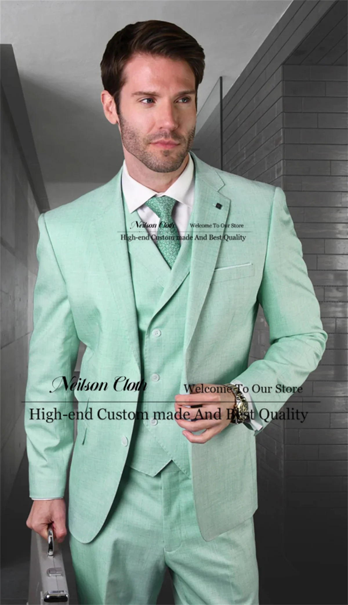 

Business Light Green Male Prom Blazers 3 Pieces Sets Groom Wedding Tuxedos For Men Customized Notched Lapel Terno Masculino