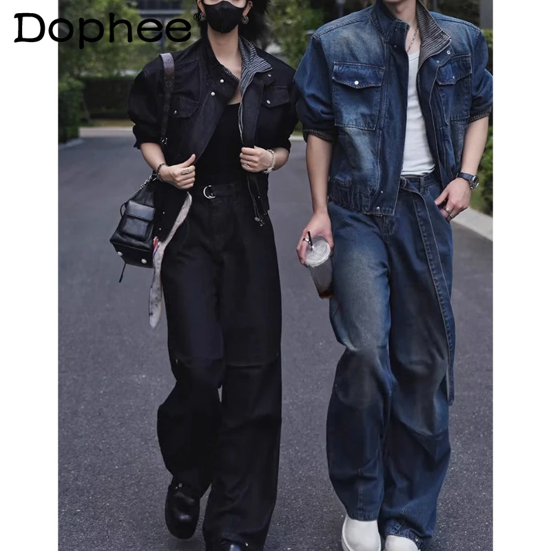

Men's 2025 Autumn New American Style Retro Chic 2pcs Men's Loose Long Sleeve Jackets Fashion Long Pants Trend Tooling Denim Sets