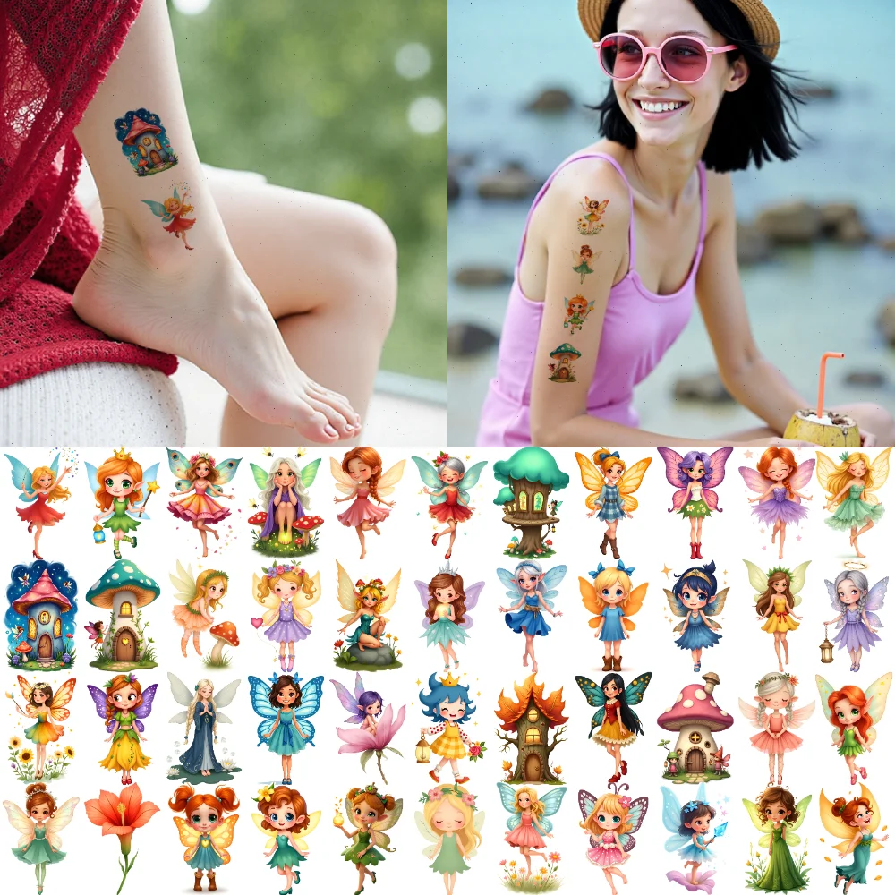 63 Stück temporäre Tattoo-Pilzhäuser, wasserdicht, langlebig, Körperaufkleber, Feen-Designs, bunte Aufkleber für
