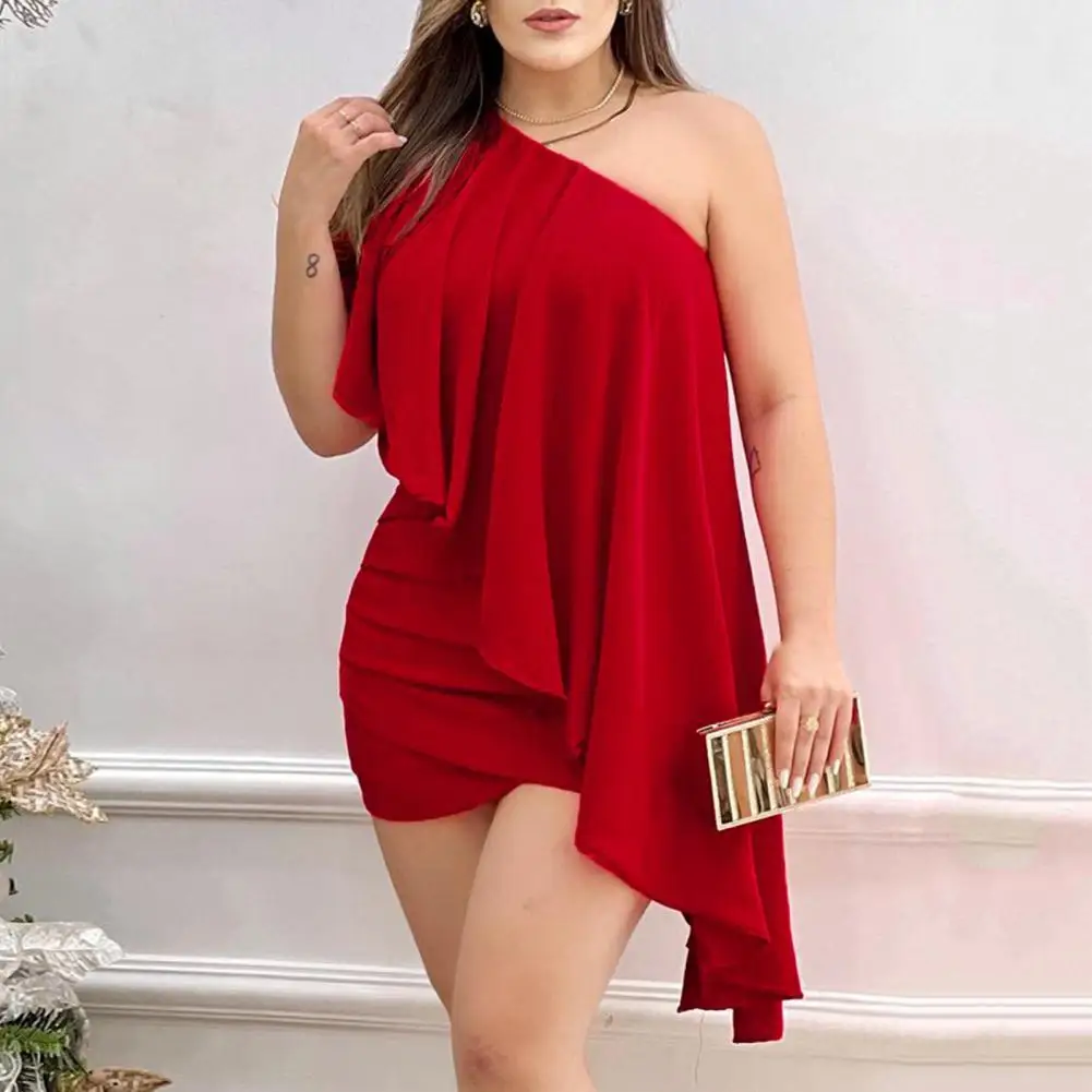 Ruched Asymmetrical Waist Tight Backless Sexy Dress Women One Shoulder Slim Fit Evening Party Dress Female Clothing