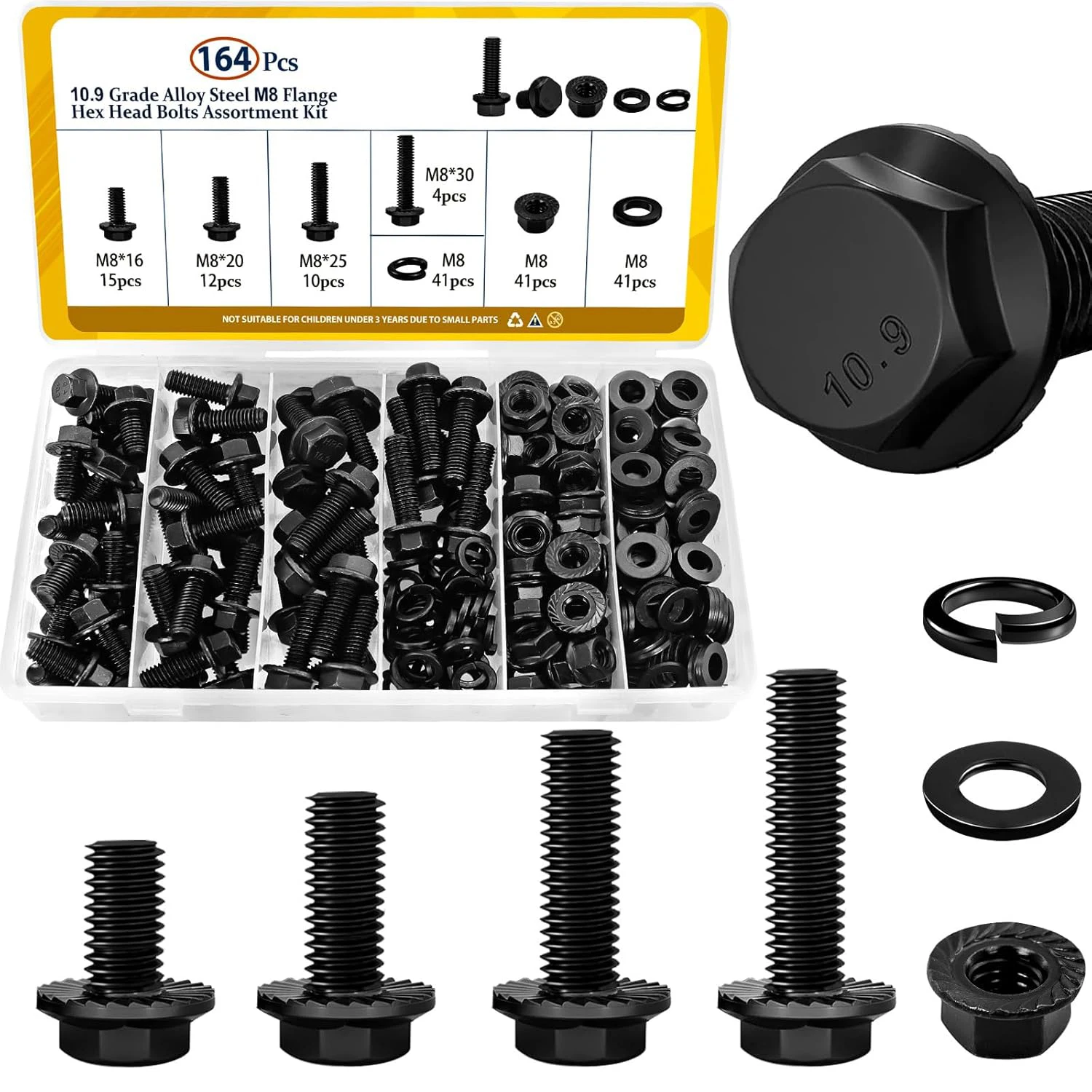 

164 PCS Flange Head Bolt Combination Kit, M8x 16-30 mm Metric Flange Hex Nut and Washer, Suitable for Vehicles, 10.9 Black Galva