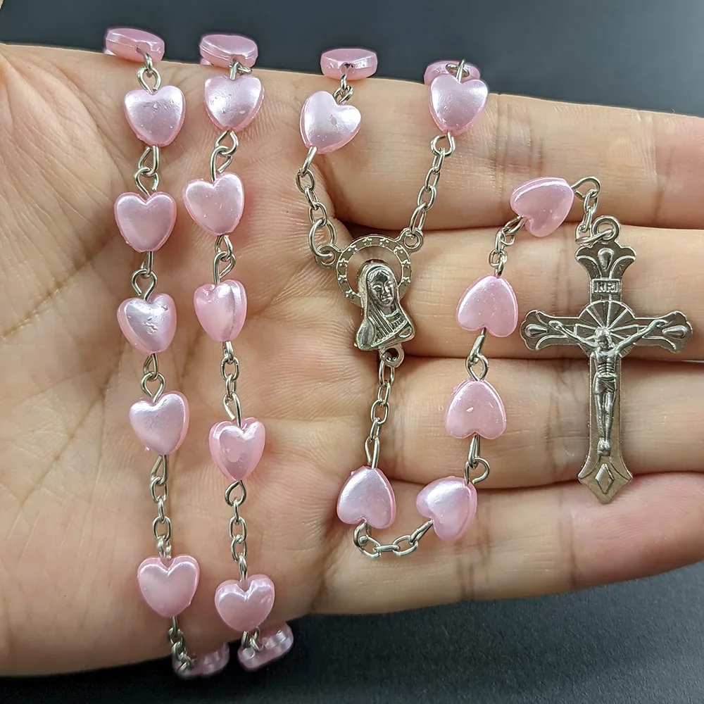 White Heart Rosary Necklace For Women Virgin Mary Cross INRI Pendant Long Chain Men Religion Prayer Party Jewelry Accessories