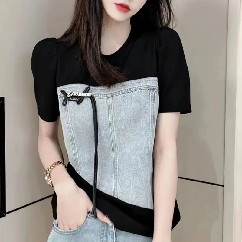 Female Clothing Solid Color Shirt Casual Denim Patchwork Summer Chic Three-dimensional Decoration Drawstring Asymmetrical Blouse