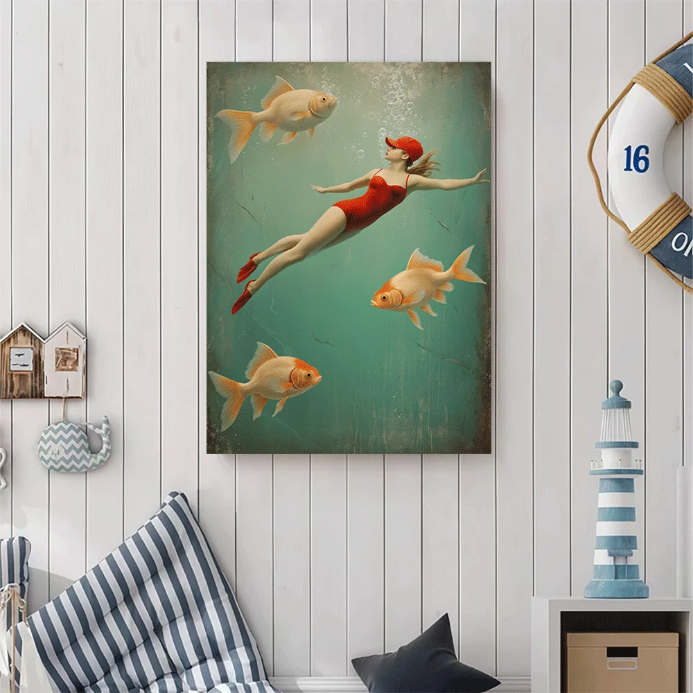 1PC-Canvas poster Unframed  Underwater Woman Swimming With Goldfish Art Print  summer