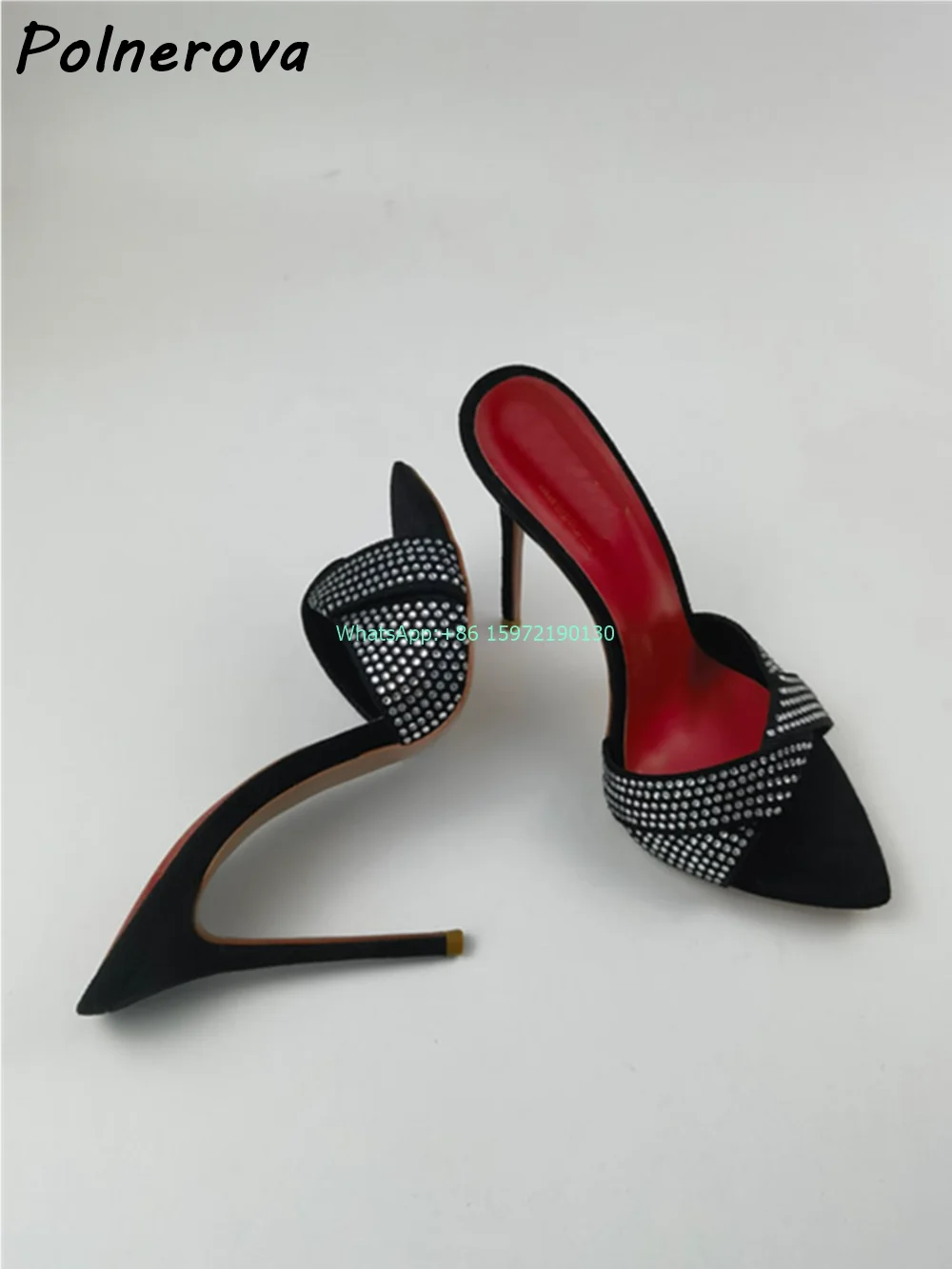 

Crystal Black Red Slippers Pointy Toe High Heels Slip On Sandals Summer Shiny Runway Sexy Fashion Ladies Stiletto Shoes