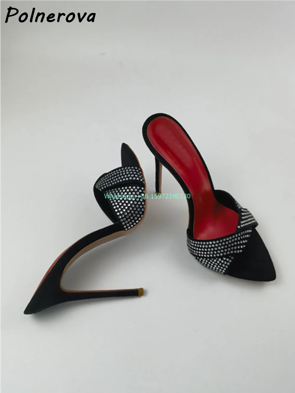 Crystal Black Red Slippers Pointy Toe High Heels Slip On Sandals Summer Shiny Runway Sexy Fashion Ladies Stiletto Shoes