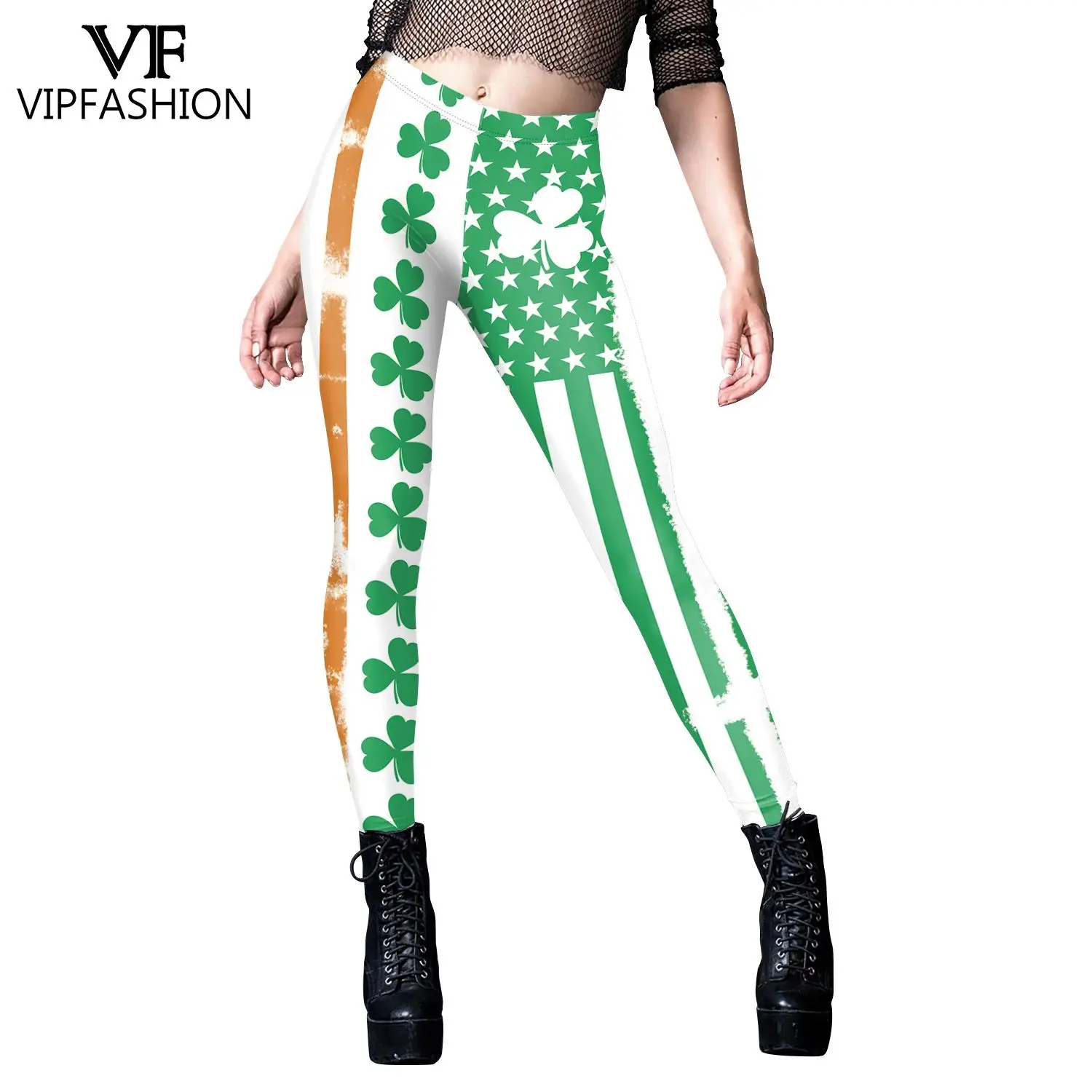 VIP FASHION St. Patrick\'s Day Leggings Women Green Holiday Pants Sexy Elastic Tights Clover Printed Trousers Girls Party Bottom