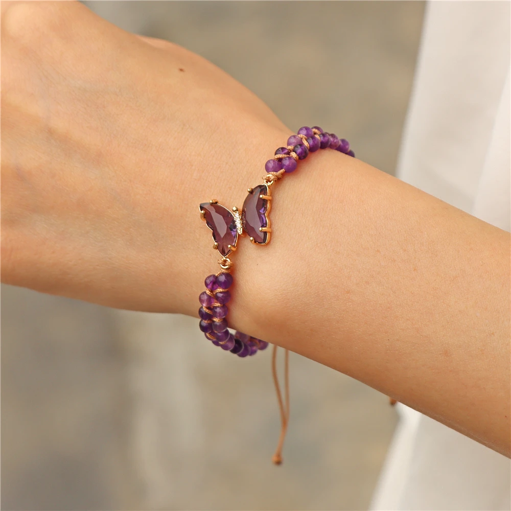 Handmade Braided String Bracelet For Women Colorful Crystal Butterfly Pendant Adjustable Charm Natural Stone Beads Bracelets