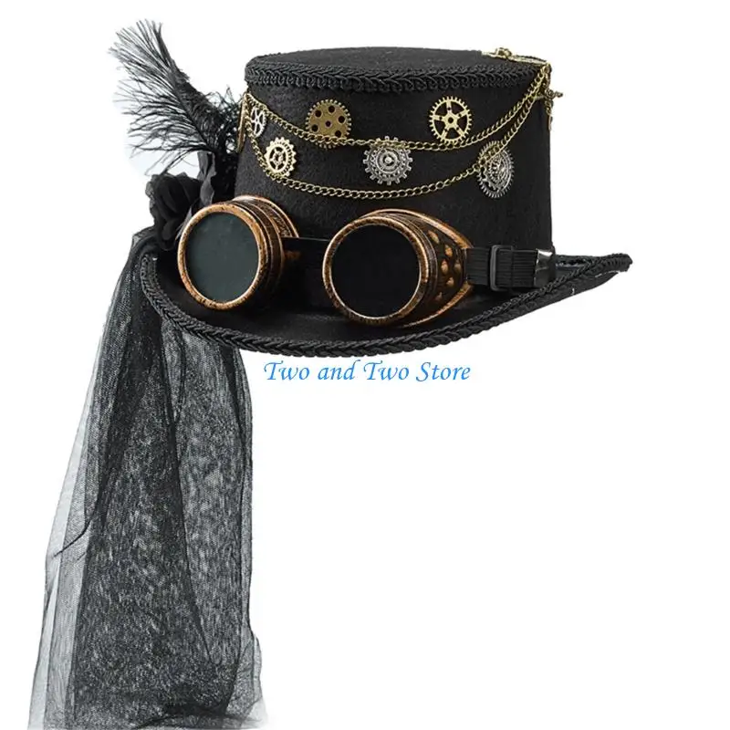 

HX6F Victorian Tall Hat Gothic Flower Detail Long Veil Goggles Top Hat For Costume Event Masquerade Party Dresingup Hat