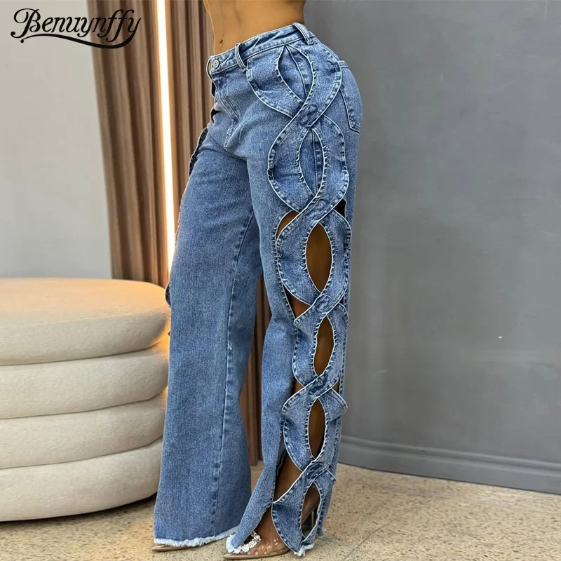 Benuynffy Fashion Side Hollow Out Raw Hem Wide Leg Jeans American Streetwear Women's Cut Out High Waist Straight Denim Trousers