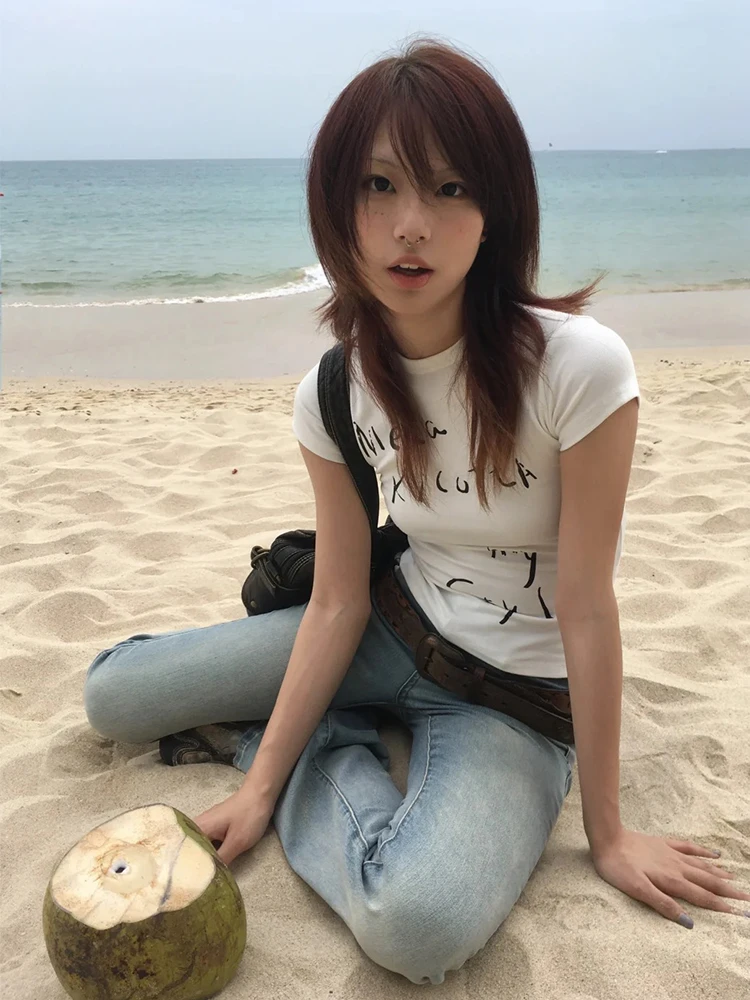 

Japanese 2000s T-shirt Women Short Sleeve Print Letter Tee Tops Slim White Y2k Vintage Tops American Retro T-shirts