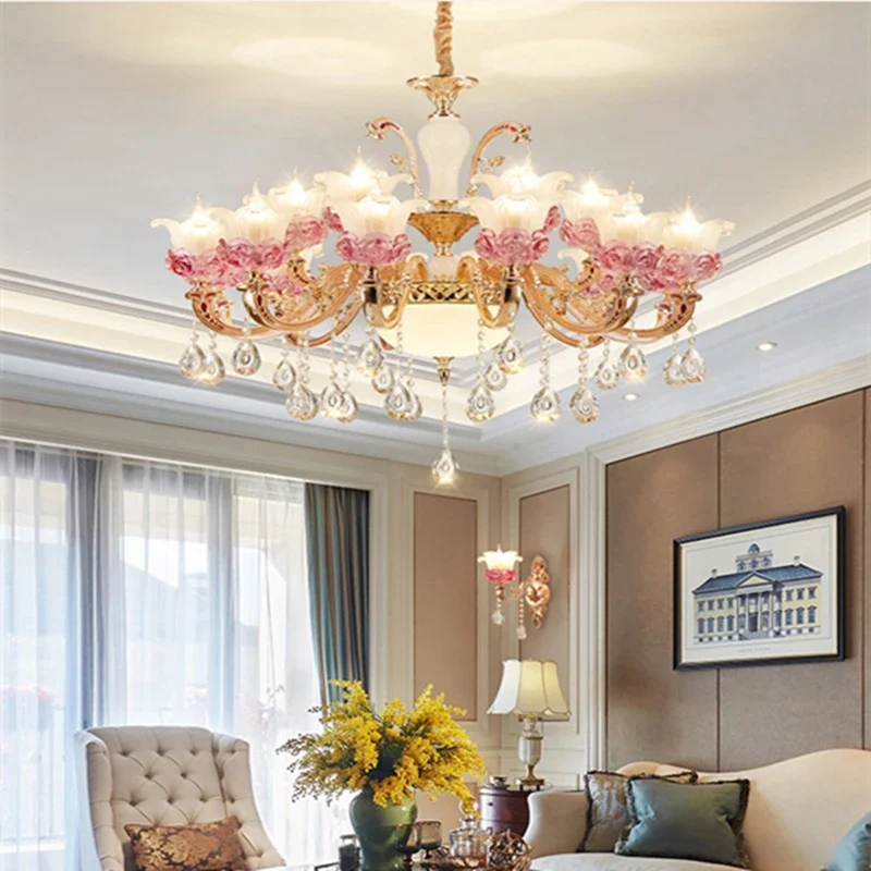 European Style Crystal Chandelier living room zinc alloy jade chandelier dining room lamp bedroom lamp warm romance