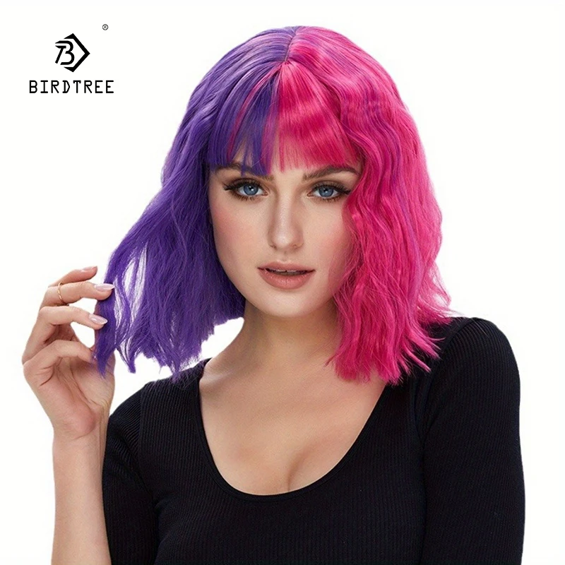 14Inch Women\'s Short Curly Hair Set in Rose Red with Purple White Wig, European and American Christmas Wig in Purple J47801S