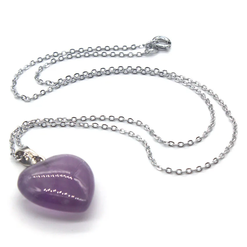 Crystal Heart Pendant Natural Amethyst Rose Quartz Lapis Lazuli Labradorite Stone Pendant Chain Necklace For Women Lover Jewelry