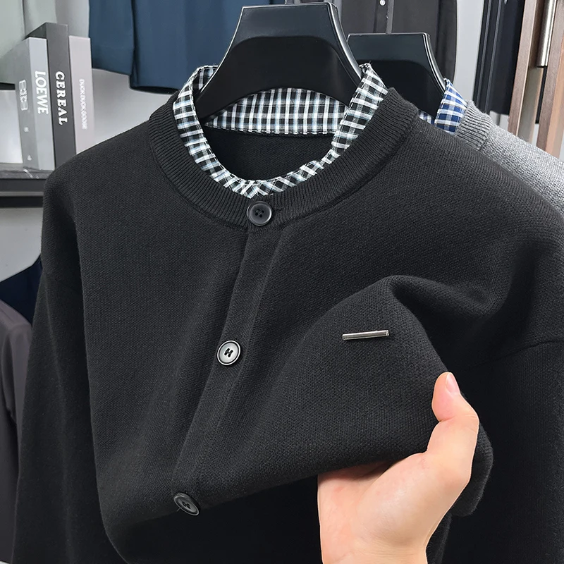 Men's Autumn Winter Long Sleeves False Two-Piece Knitwear Britain Keep Warm High Quality Sweater Leisure Trend Men's Clothing