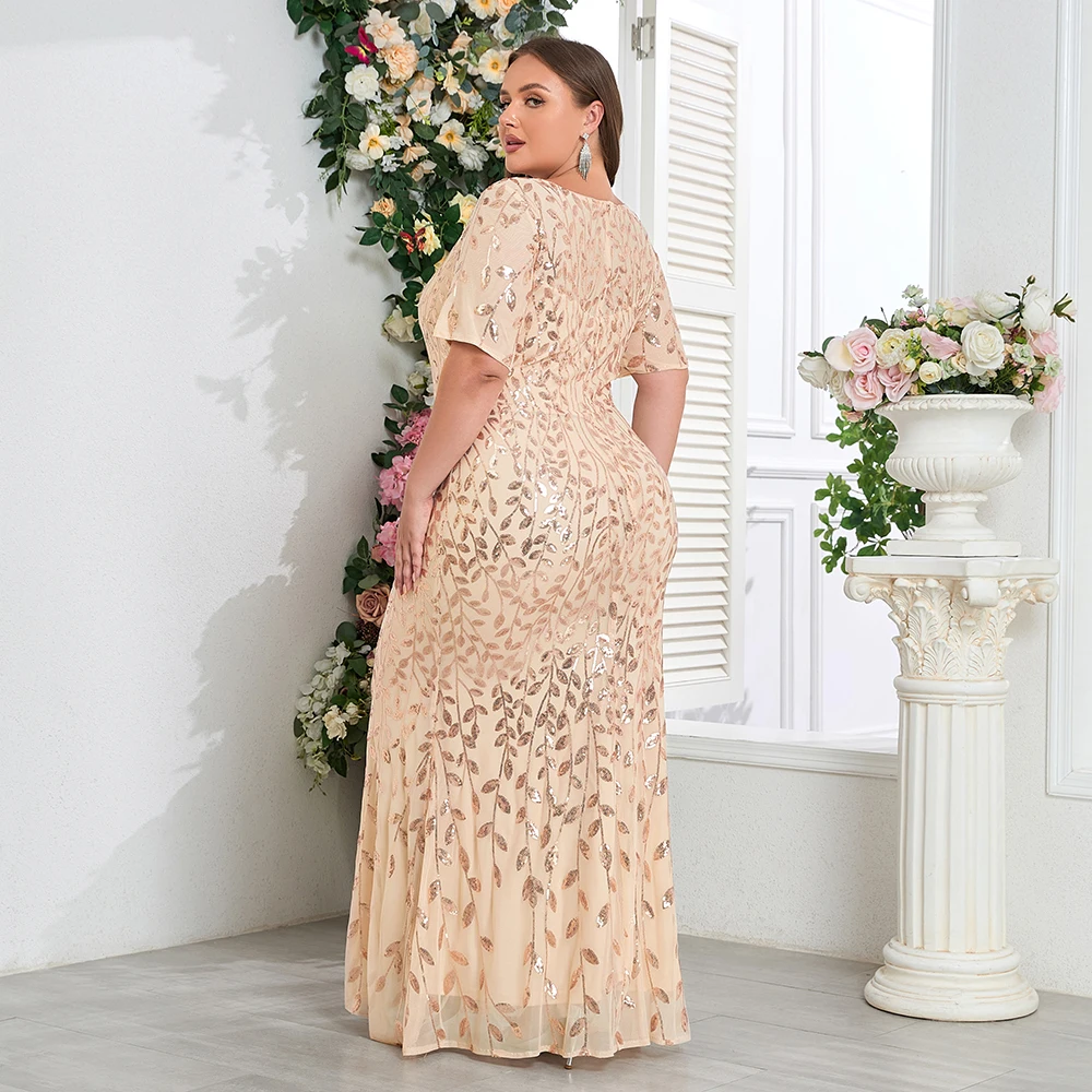 Robe de soirée de forme sirène, grande taille, dorée, col rond, manches courtes, paillettes brodées, robe de fête d'anniversaire, nouvelle collection 2025