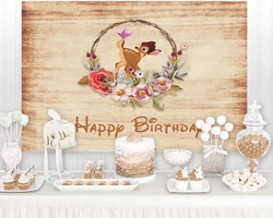 Kids Birthday Banner Flowers Basket Bambi Deer Wooden Plank Wood Party Custom Photo Studio Backdrop Background Vinyl