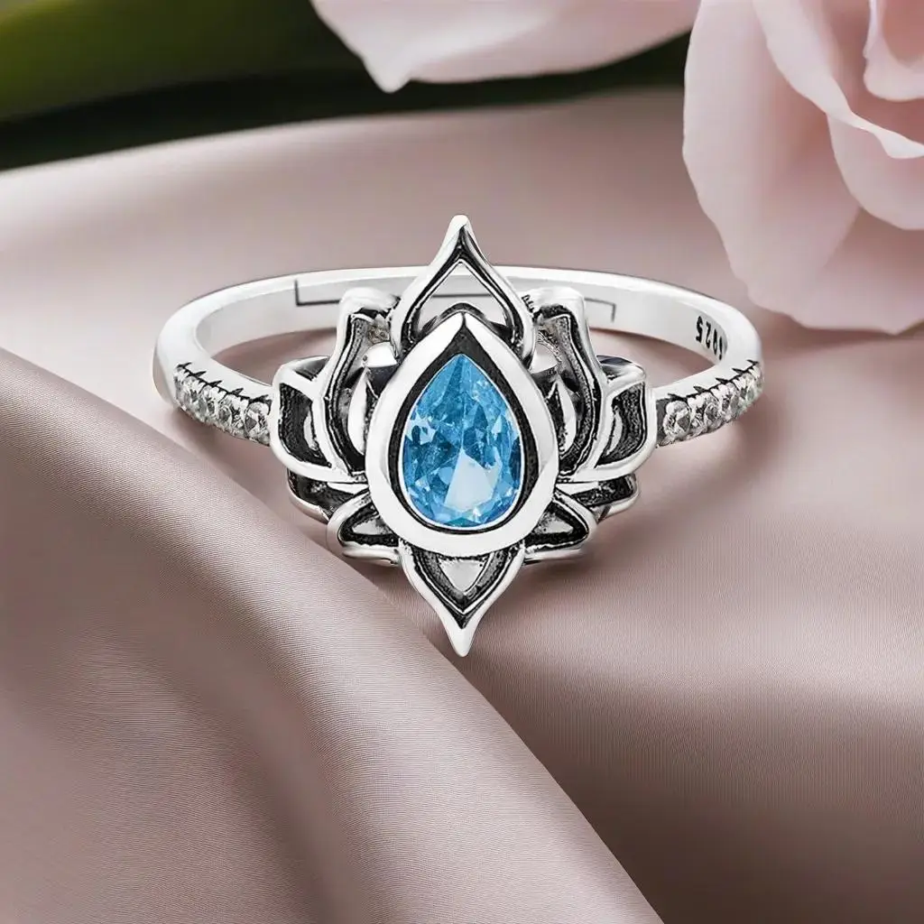 Women's 925 Thai Silver Adjustable Lotus Flower Ring