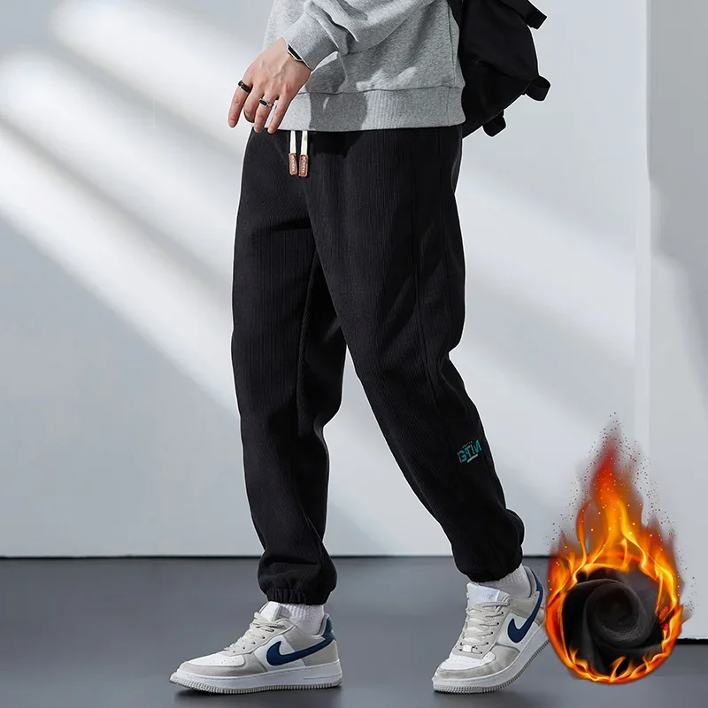 

Зимние плотные теплые вельветовые тренировочные брюки, мужские прямые Свободные тренировочные брюки с флисовой подкладкой и шнуровкой, мужские повседневные флисовые термобрюки