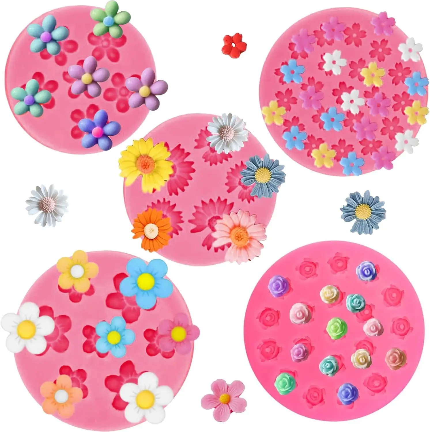 

5Pcs Flower Silicone Candy Mold Mini Fondant Chocolate Molds Small Rose Flower Baking Mold for Cake Cupcake Decorating Tools