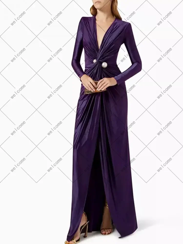 

2024 New Female Tied Waist Deep V-Neck Pleated Prom Banquet Dress Spring Long Sleeves Elegant Party Evening Maxi Dresses