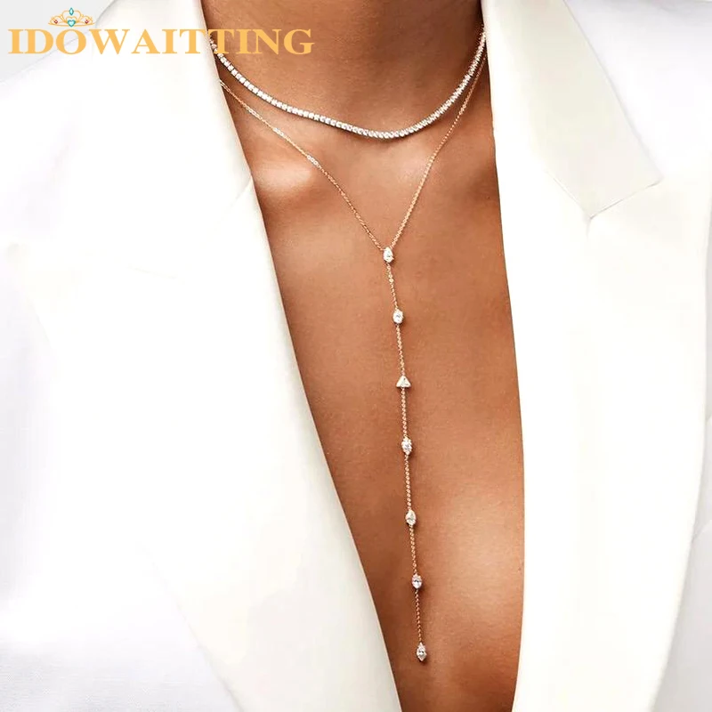 100% 925 Sterling Silver Geometric Various Shaped Clear CZ Cluster Charm Station Chains Sexy Long Y Lariat Necklace for Women