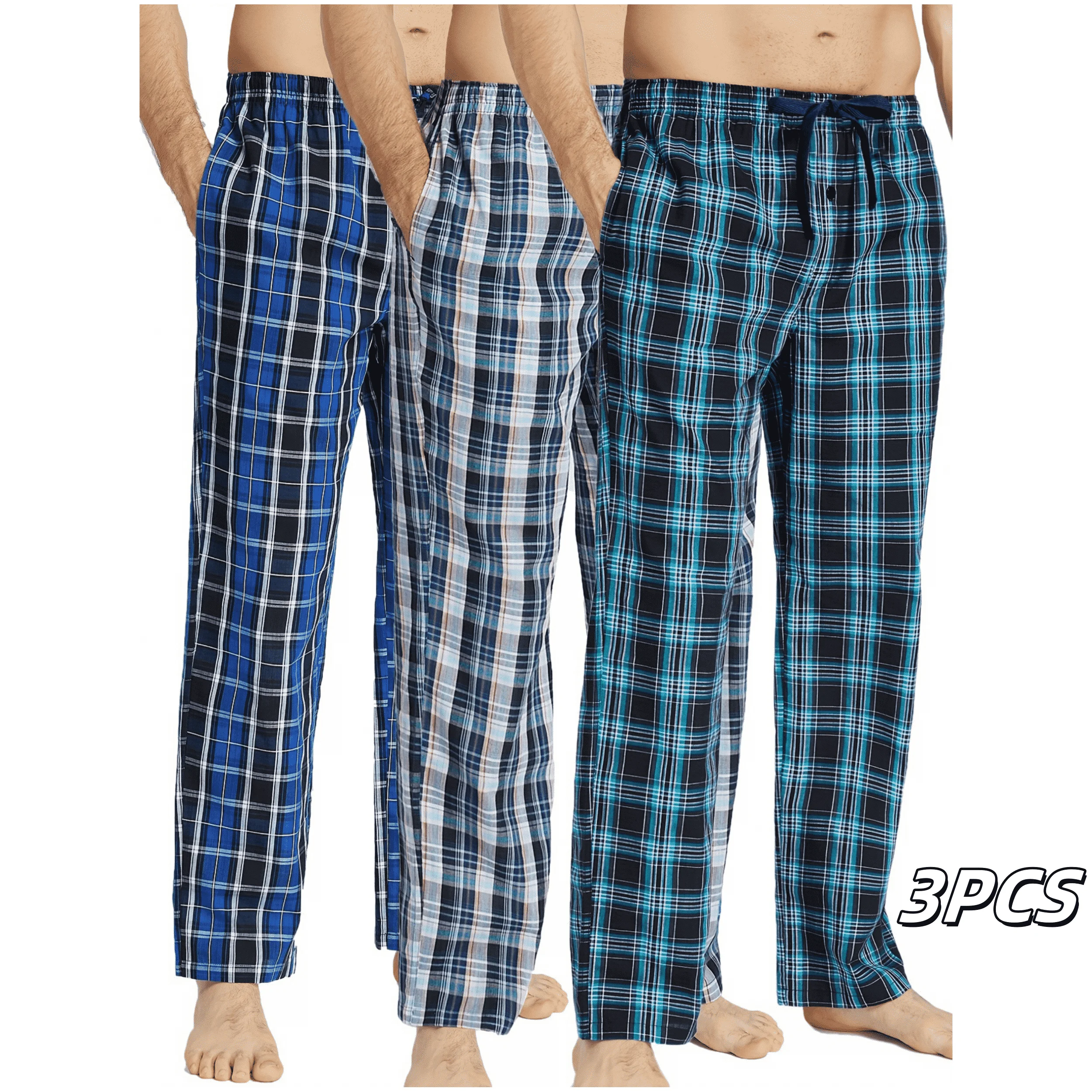 JupiterSecret 3pcs Men\'s Plaid Thin Cotton Pajama Pants Casual and Comfortable Sleeping Pants with Pockets