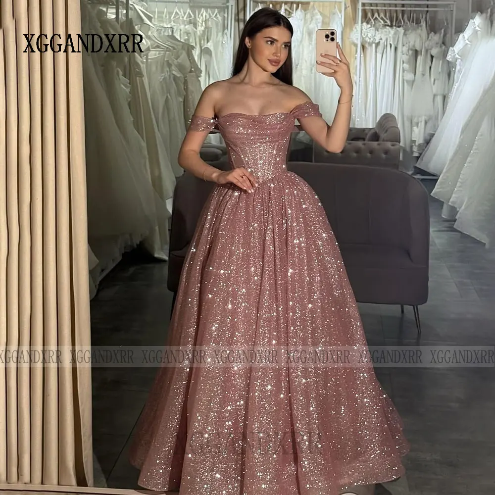 Customized A Line Prom Dress 2026 Sparkling Fabric Sweetheart Off Shoulder Backless Elegant Evening Party Gown Luxury Formal