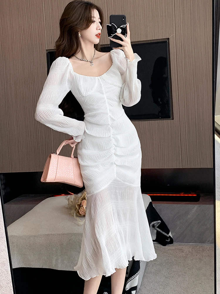 White Bright Silk Square Collar Luxury Ruffled Mermaid Dress Spring Summer Elegant Casual Dress for Vacation 2024 Korean Dresses