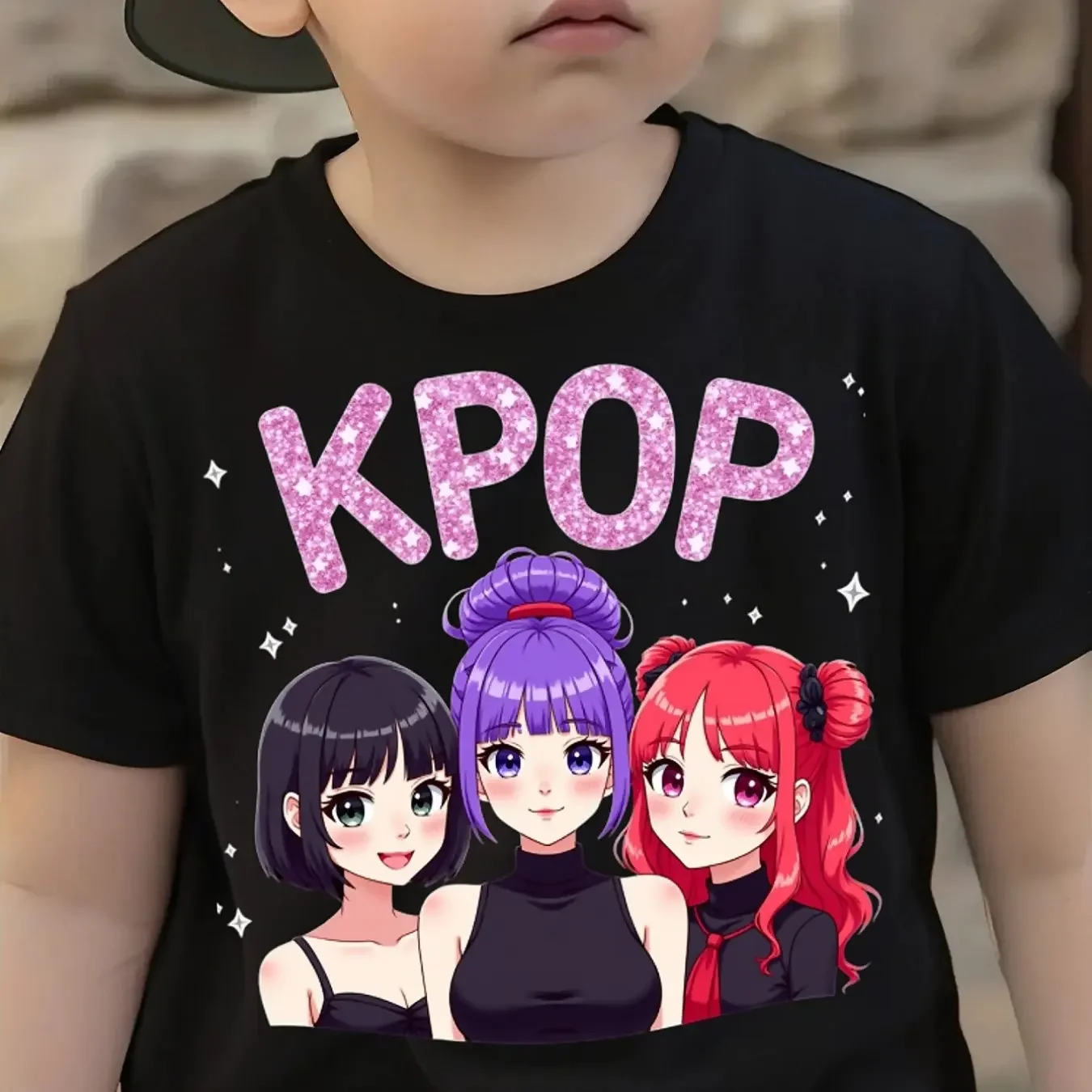 

Sequined Trendy Girl Group Pattern Children's White Short-sleeved Cotton Casual Summer Concert T-shirt for Boys and Girls