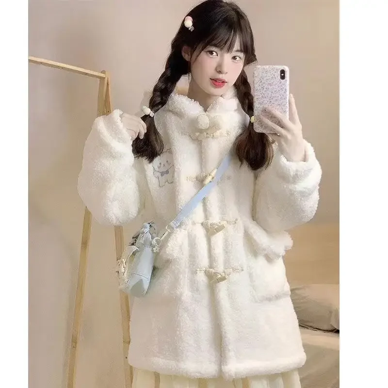 Abbigliamento invernale NONSAR cappotto di lana orso ricamato donna sciolto giapponese dolce Lolita Outwear giacca caldo carino felpe con cappuccio