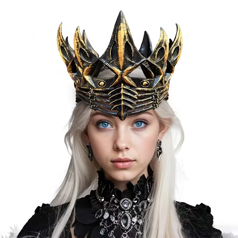 2PCS Sharp Spire Retro Pattern Gothic King Crown  Metal Plastic Headpiece for Medieval Dark King Themed Costume Decoration