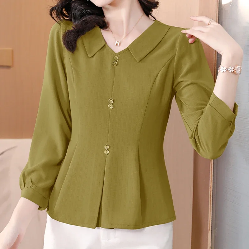 Doll Collar Shirt Female Big Size Spring and Summer Fashion Commuter Chic and Elegant Versatile Waist Casual Chiffon Blouse N859