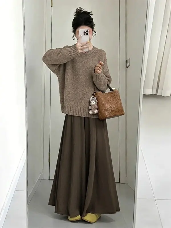 

Корейский комплект из трикотажа: свободные повседневные универсальные брюки-юбка для женщин, зимний модный наряд, брюки с высокой талией, круглый вырез