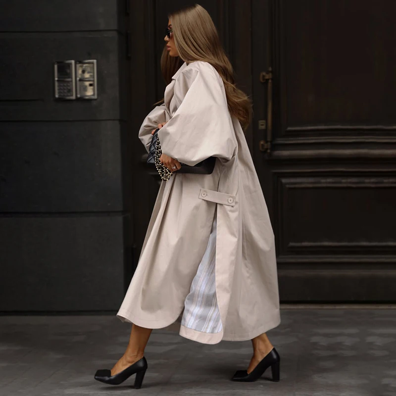 Oversized Solid Wome's Long Trench Coat Puff Sleeve Side Slit Maxi Windbreaker Lapel Single Breasted Lady Autumn Tench Coats