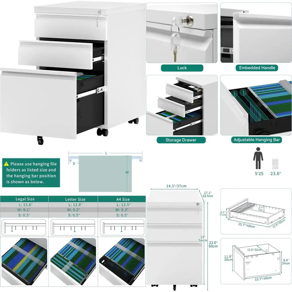 خزانة ملفات متنقلة بيضاء معدنية ذات 3 أدراج مع قفل، وحجم قانوني/حرف، وحدة تخزين مجمعة مسبقًا للمكتب