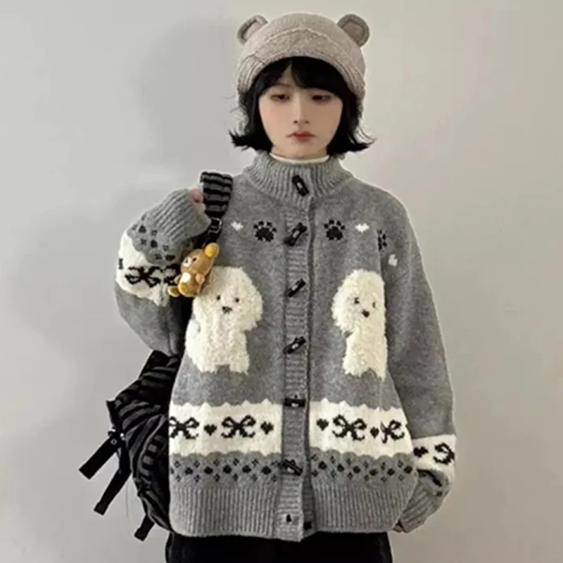 Cartoon Puppy Knit Cardigan Women Sweet Cute Long Sleeve Sweater Preppy Style Korean Kawaii Fall Winter Warm Grey Y2K Coat