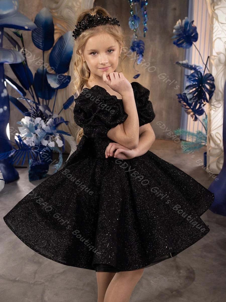 Sparkly Black Sequined Tulle Girls Party Gown Short Sleeve Backless Knee-Length Flower Girl Dress With Bow Custom Princess Dress