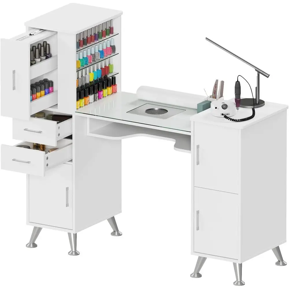 

Белая маникюрная станция со стеклянной столешницей, пылесборником, выдвижными ящиками и шкафчиком для косметических работ