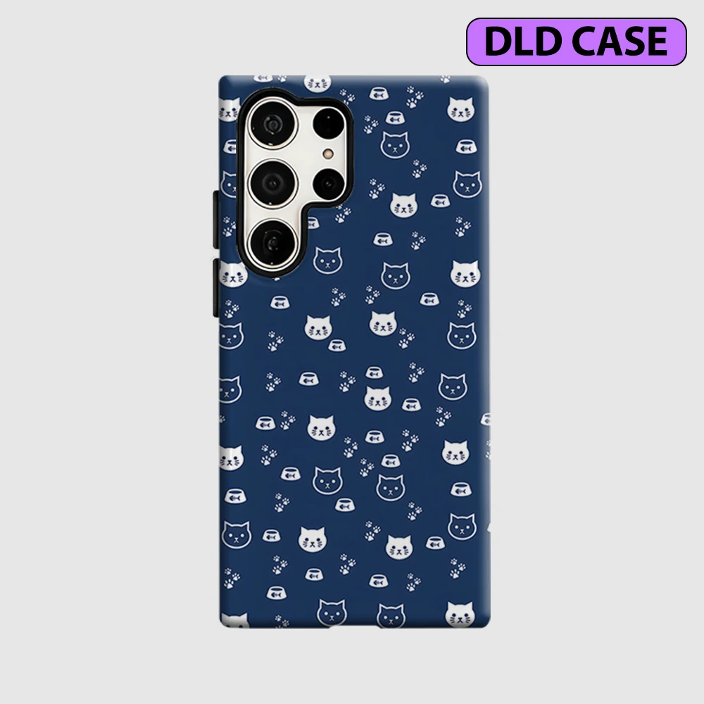 Navy Cat Ditsy Phone Case for Samsung Galaxy S26 S25 Ultra S24 S23 Ultra Plus Shockproof Double Layer Tough Back Cover