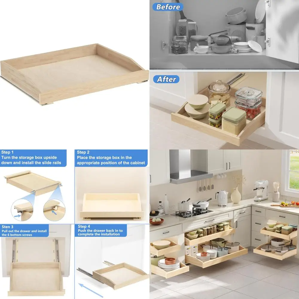 منظم خزانة قابل للسحب 28.5 وات × 21D - أرفف تخزين ذات درج منزلق ناعم ومغلق للمطبخ، وخزانة خشبية، ونعل موفر للمساحة #1