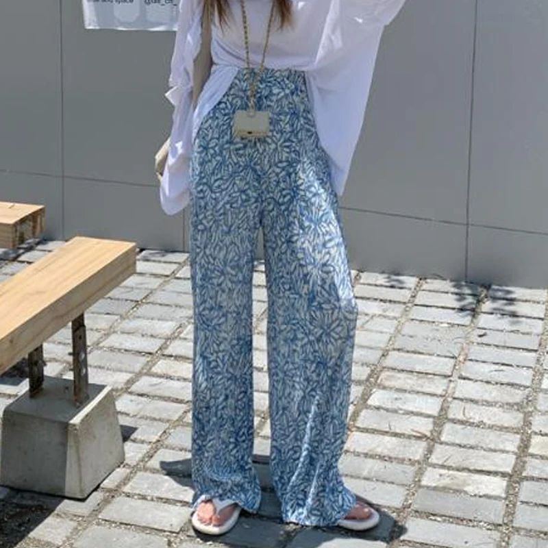 Women\'s Clothing Summer Fashion Vintage Print Pleated Wide-leg Pants Female Casual High Waist Loose Straight Trousers Pantalones
