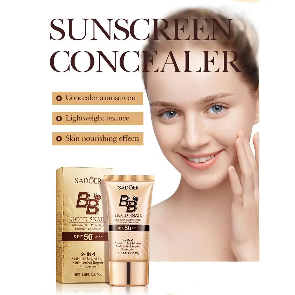 SADOER Gold Snail Sunscreen BB Cream Foundation Concealer Moisturizing Isolation Cream SPF50+ PA+++ Facial Moisturizer Makeup Ba