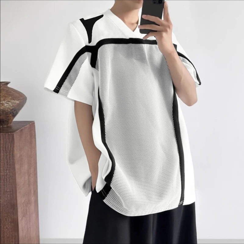 

INCERUN Men T Shirt Patchwork V Neck Short Sleeve Casual Male Tee Tops Streetwear Loose Color-block Fashion Men Clothing S-5XL