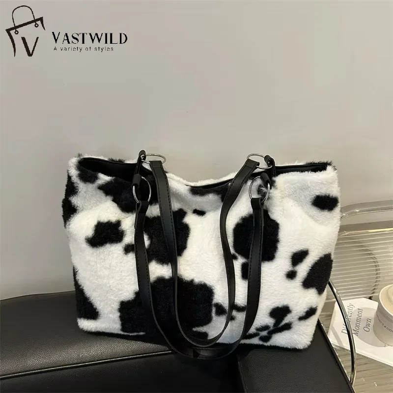 

Large Capacity Shopper Bags For Women Winter Travel Tote Bag Cow Printing Plush Shoulder Bag Ladies Handbag
