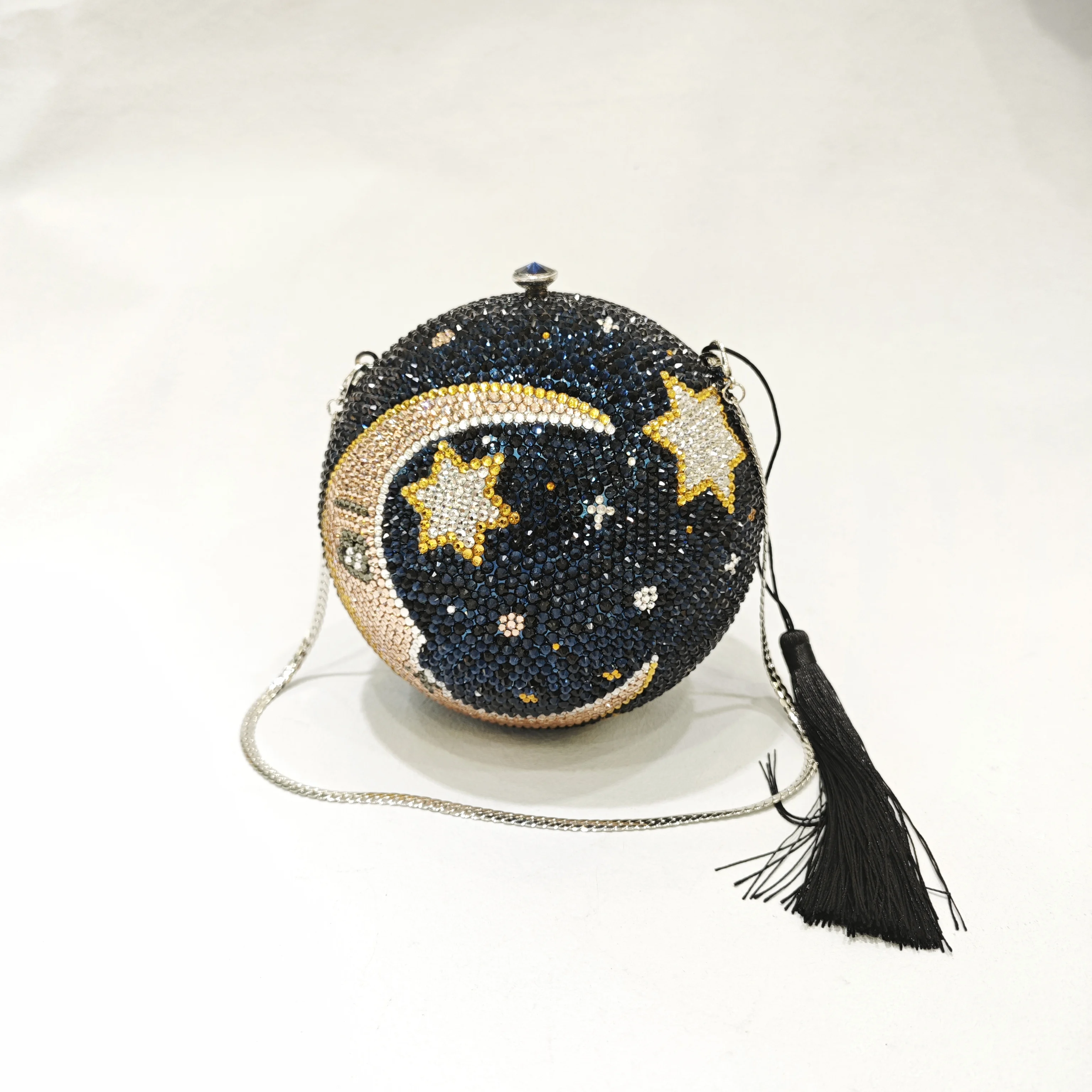 Moon Star Rhinestone Evening Clutches Bags Round Pattern Women Crystal Mini Minaudiere Tassel Lady Diamond Party Blue Purses