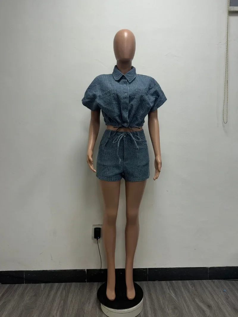 Conjunto de 2 piezas de mezclilla a la moda para mujer, chaquetas de manga corta con cuello vuelto, Tops cortos y pantalones cortos, trajes vaqueros