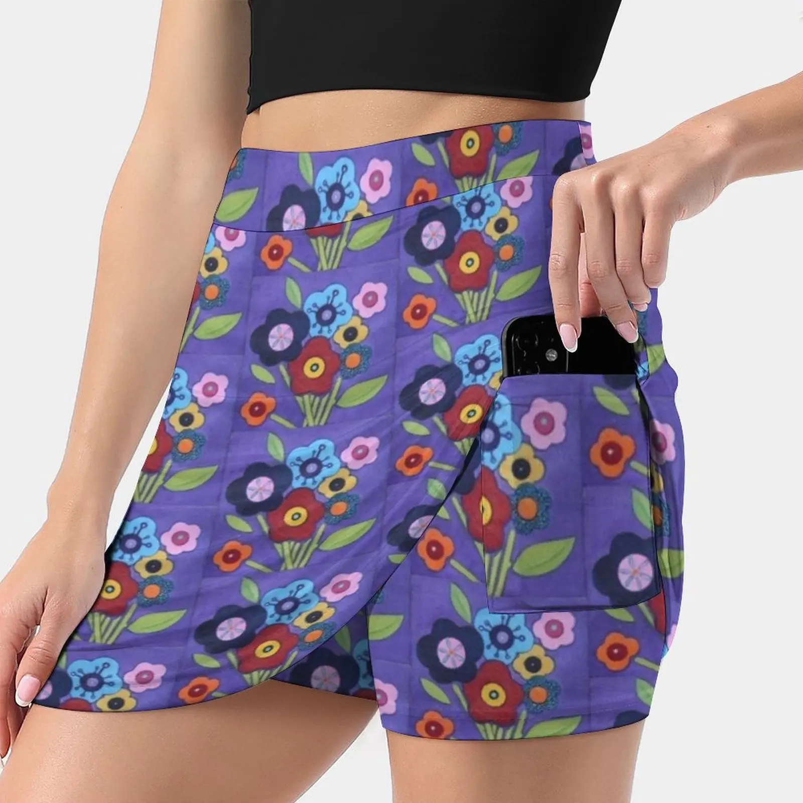 Ode To Mary Quant Women's skirt Mini Skirts A Line Skirt With Hide Pocket Flowers Daisies Mod Purple Blue Red Pink